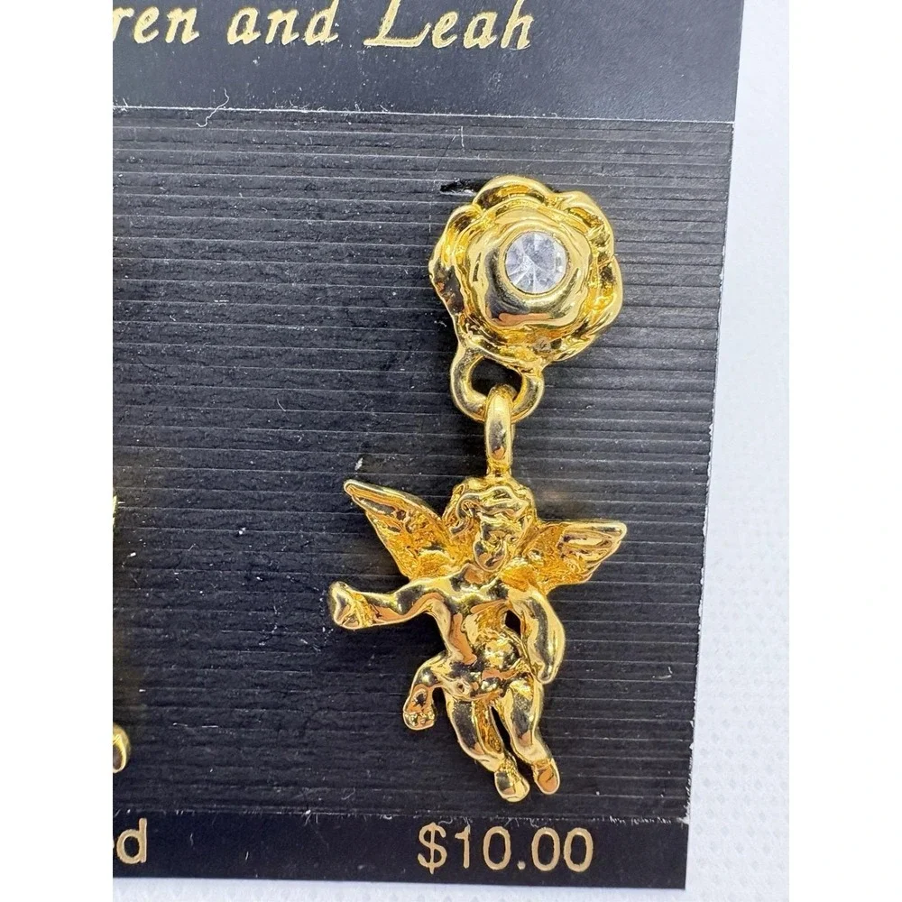 Vintage 90s‎ Two Sisters Medici Gold Tone Cherub Drop Earrings Rhinestone Cupid